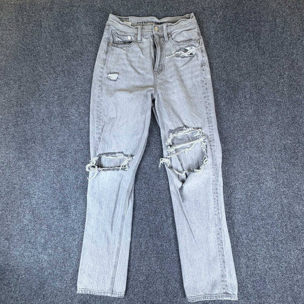 American Eagle Outfitters Mom Jeans Womens 2 Short Gray Mid Rise Distressed